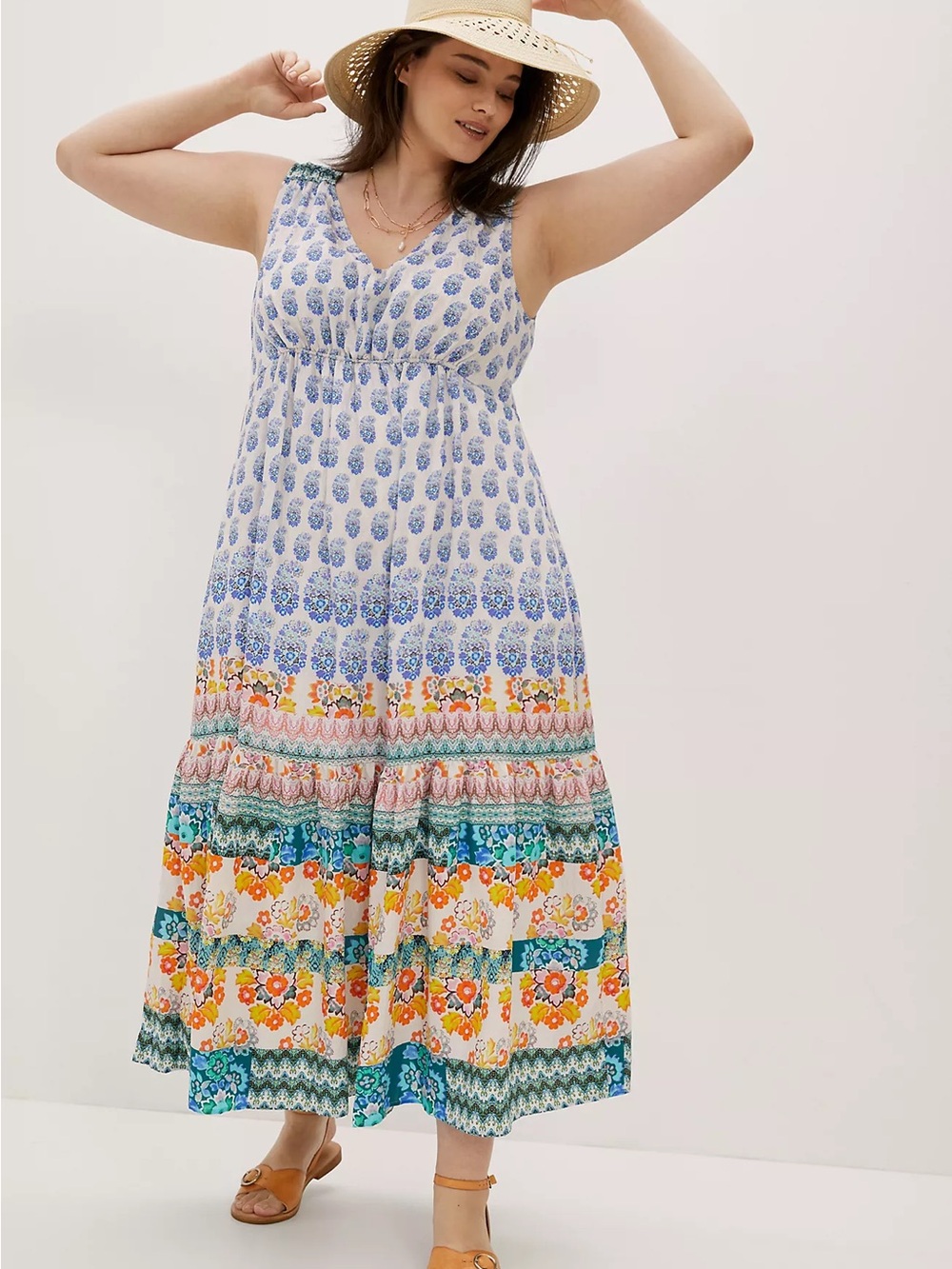 Anthropologie White Maxi Dress with Blue & Multicolor Floral Border